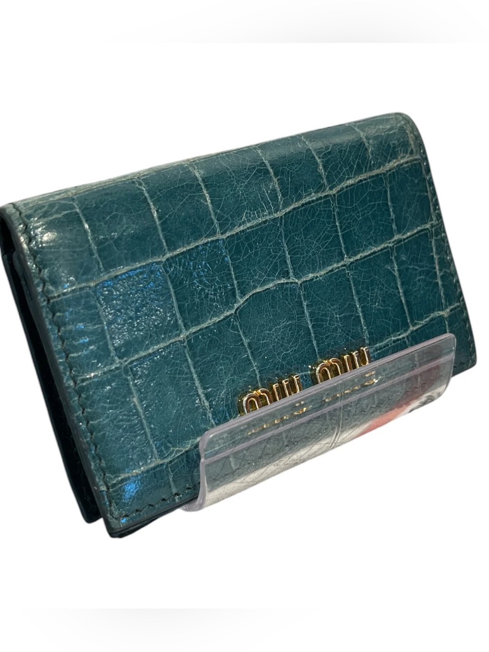 Miu Miu Teal Croc-Embossed Leather Card Case